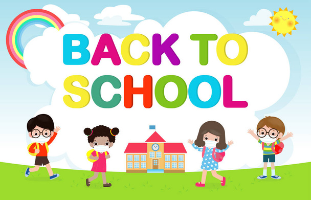 Back to school for new normal lifestyle concept. happy group of kids wearing face mask and social distancing protect coronavirus covid 19, children and friends go to school isolated on background - Vector, afbeelding