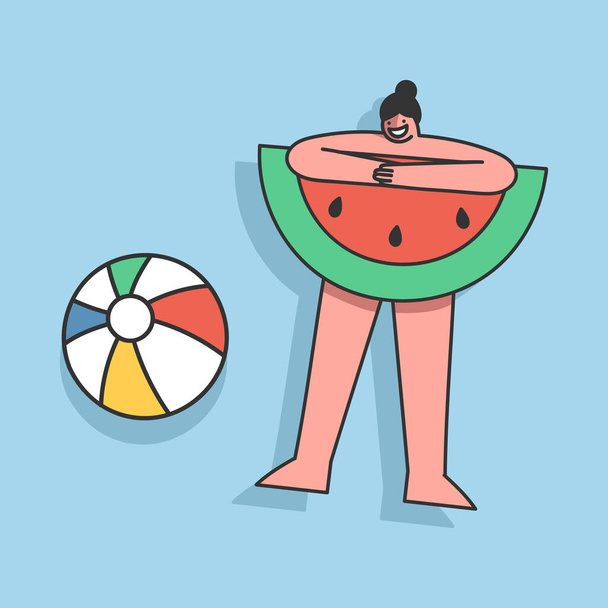 Chica de dibujos animados en la piscina tomando el sol. Concepto de relajación vacaciones de verano
 - Vector, Imagen