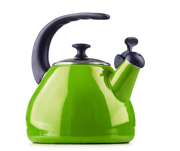 Traditional stainless steel stovetop kettle with whistle isolated on white background - Foto, Imagem