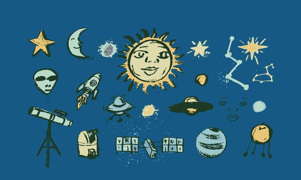 Set von Weltraumobjekten Planeten, Sterne, Komet, Luftballon, Teleskop Handgezeichneter Vektor - Vektor, Bild