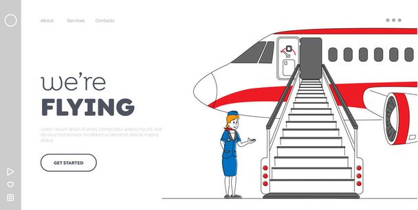 Αναχώρηση για Destination Place Landing Page πρότυπο. Αεροσυνοδός Προσωπικού, Αεροσυνοδός, Αεροσυνοδός, Αεροσυνοδός Πρόσκληση Επιβατών σε Επιβίβαση Αεροπλάνων. Γραμμική διανυσματική απεικόνιση - Διάνυσμα, εικόνα
