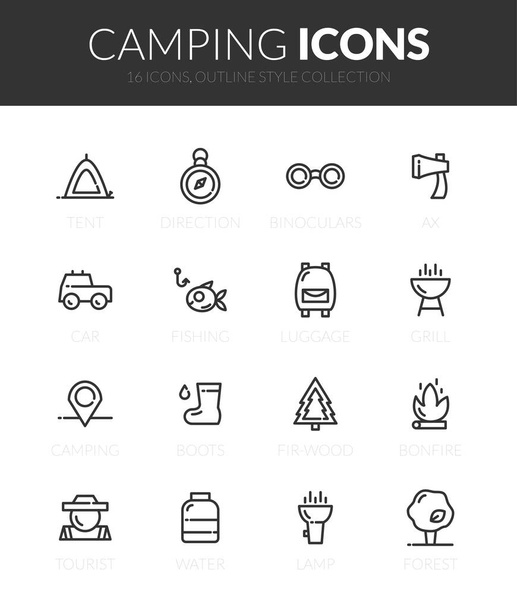 Outline black icons set in thin modern design style, flat line stroke vector symbols - camping collection - Διάνυσμα, εικόνα