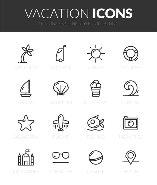 Outline black icons set in thin modern design style, flat line stroke vector symbols - vacation beach collection - Vektor, obrázek