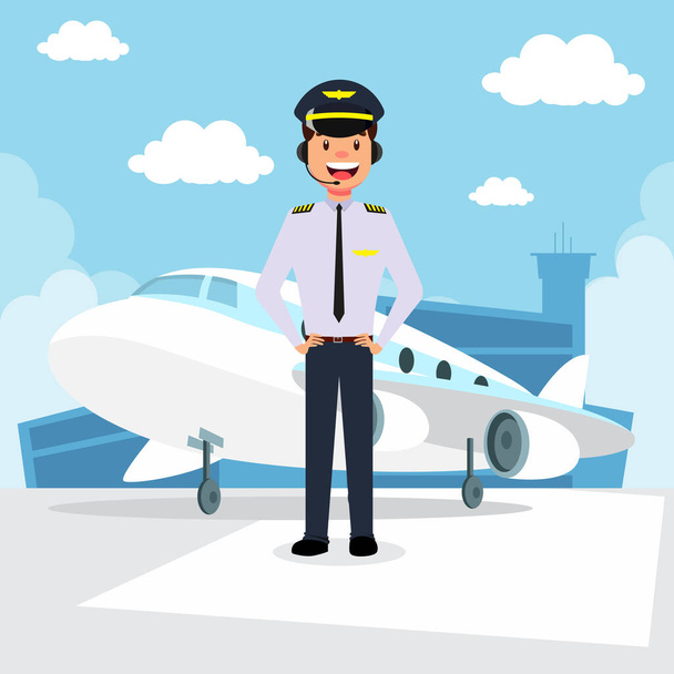 Man airplane pilot in front of the plane at the airport vector illustration - Vektor, obrázek