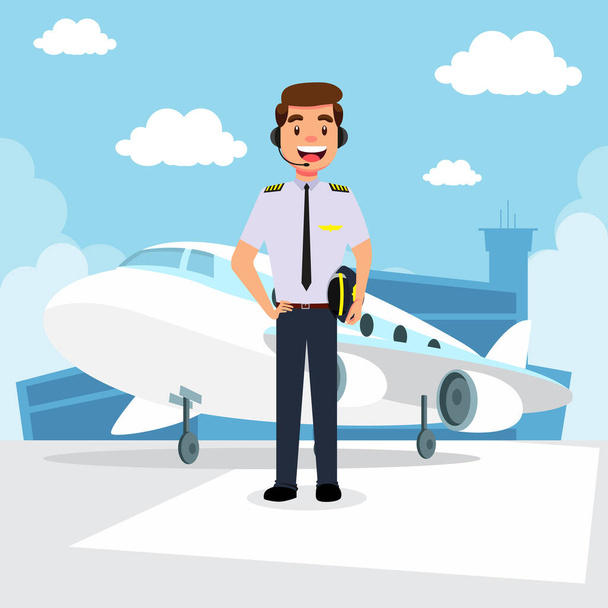 Пилот в униформе и плоскости мультипликационного фона с векторной иллюстрацией здания аэропорта
 - Вектор,изображение