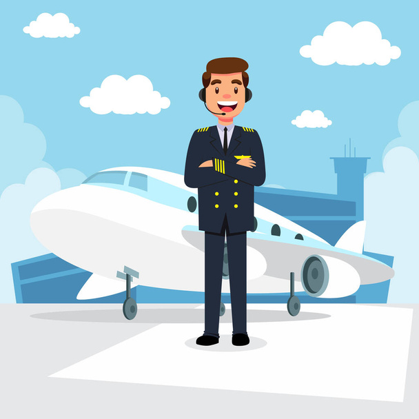 Profession pilot aircraft man uniform standing front plane vector illustration - Vektor, obrázek