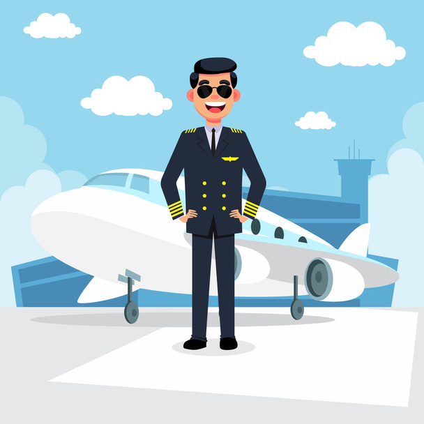 Pilot cartoon background with airport building and airplane vector illustration - Vektor, obrázek