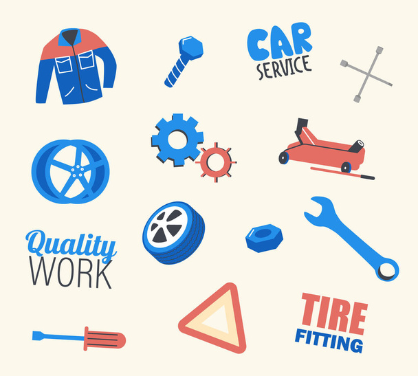 Araba Servisi Çalışma Üniforması, İngiliz Anahtarı ve Otomobil Lastikleri, Trafik Tabelası, Tornavida ve Çarkçı. Tamir, onarım ve onarım için araç gereç. Doğrusal Vektör İllüstrasyonu - Vektör, Görsel