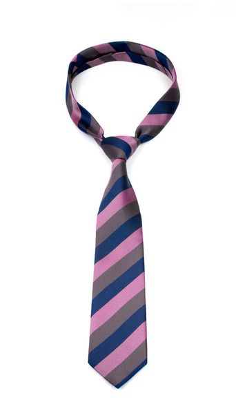 Elegante corbata a rayas rosa, azul y gris atada aislada sobre fondo blanco
 - Foto, Imagen