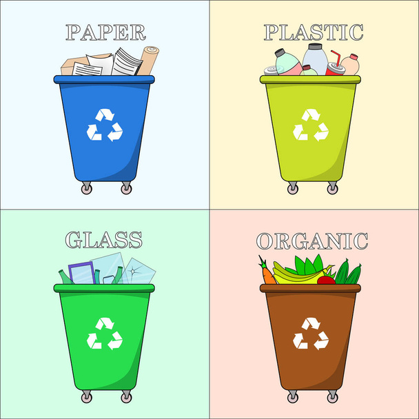 Diferentes lixeiras coloridas com papel, plástico, vidro e resíduos orgânicos adequados para reciclagem. Segregar resíduos, triagem de lixo, gestão de resíduos. Ilustração vetorial, plana
. - Vetor, Imagem