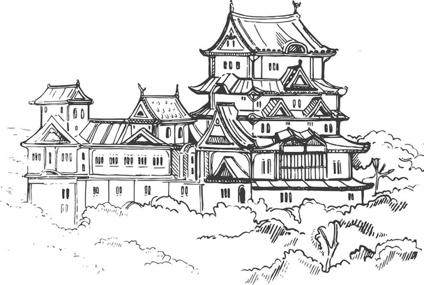  Zamek Himeji UNESCO, w pobliżu Osaki, Japonia Ilustracja wektor doodle ręcznie rysowane szkic zamku Himeji jo. Japoński historyczne miejsce do druku, pamiątki, pocztówki, dekoracja, obraz. - Wektor, obraz