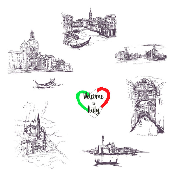 Welcome to Italy set.Set of Italy landmarks, travel .Hand drawed set with Grand Canal, Santa Maria Cathedral, Bridge of Stars.Vector illustration Venice, Garda.Italy Sketch Set.Europe. - Διάνυσμα, εικόνα