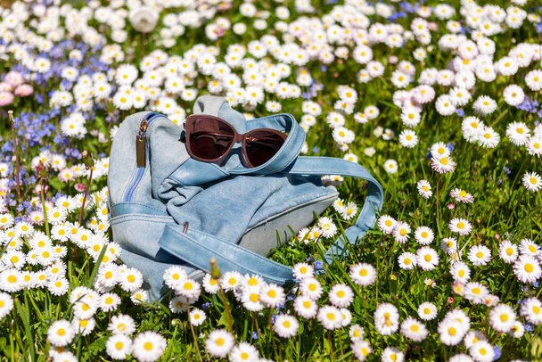 Light Blue women bag backpack and sunglasses lie outdoor on a spring flowering meadow with daisies and forget-me-nots. The concept of outdoor recreation. Flat lay summer photography - Fotó, kép