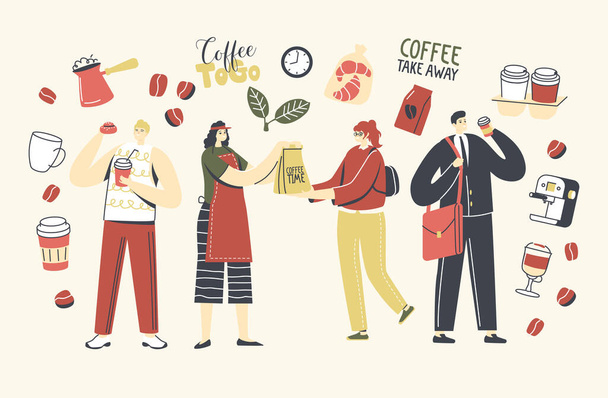 Menschen, die Kaffee oder Heißgetränke zum Mitnehmen in Einwegbechern kaufen und trinken. Männliche und weibliche Charaktere morgens Erfrischung, Mitarbeiter Kaffeepause im Büro. Lineare Vektorillustration - Vektor, Bild
