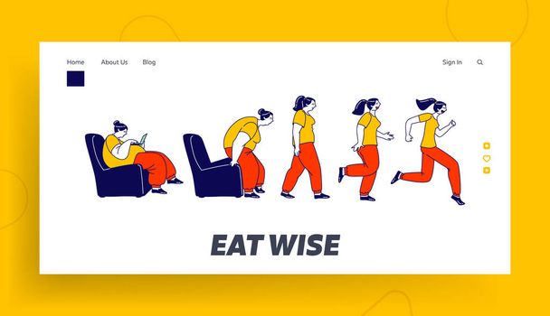 Weight Loss Landing Page Template. Fat Female Character Getting Up, Running and Become Thin Transformation. Stage by Stage of Obese Woman Turning into Healthy Body. Linear People Vector Illustration - Vector, Image
