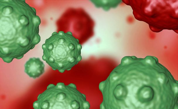 Ілюстрація вірусних клітин або молекул бактерій під мікроскопом. Абстрактні 3d ілюстрації клітин вірусу корони. Патогенний респіраторний грип. Літаючі ковідні вірусні клітини
 - Фото, зображення