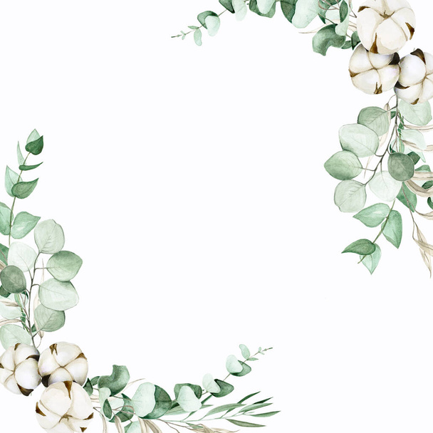Aquareltekening. rechthoekig frame van eucalyptus bladeren en katoenen bloemen. plaats voor tekst, ontwerp voor bruiloften, uitnodigingen, wenskaart - Foto, afbeelding
