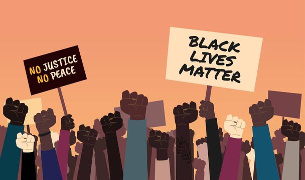 「ブラック・ライフ・マター」と「ノー・ジャスティス、ノー・ピース」のサインを持つ反人種差別抗議者のストック・イラスト。人種的不平等とジョージ・フロイドの死の不公平さに抗議する。平面ベクトル - ベクター画像