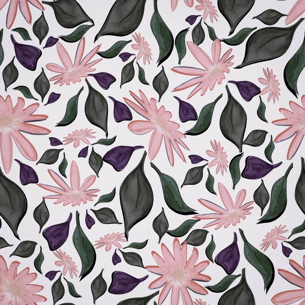 ピンクグレー抽象ベースのシームレスな花と葉のパターン - 写真・画像