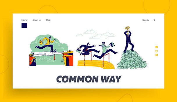 Careerist Landing Page Template. Business Man Character Run on Stadium Jumping over Barrier. Businessman Walk over Colleague Head Stand on Top of Money Pile with Cup. Linear People Vector Illustration - Vector, Image