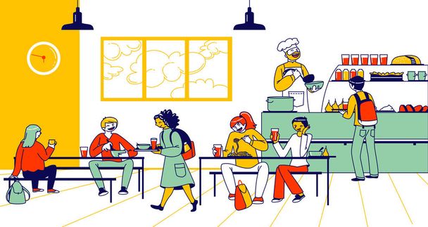 Děti jedí ve školní kavárně. Kavárna Interiér s stoly a židlemi, Děti s podnosy s jídlem a personál postava v jídelně bar Podávání jídel pro školáky. Vektorový obrázek lineárních osob - Vektor, obrázek
