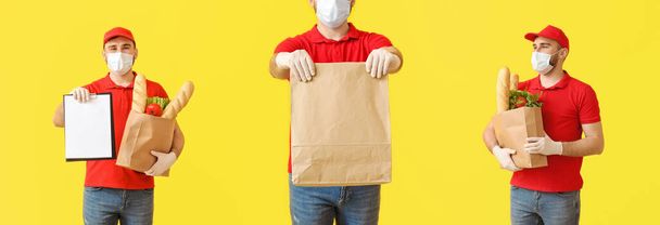 Mensajeros masculinos de la empresa de entrega de alimentos en máscaras médicas sobre fondo de color. Concepto de epidemia
 - Foto, Imagen