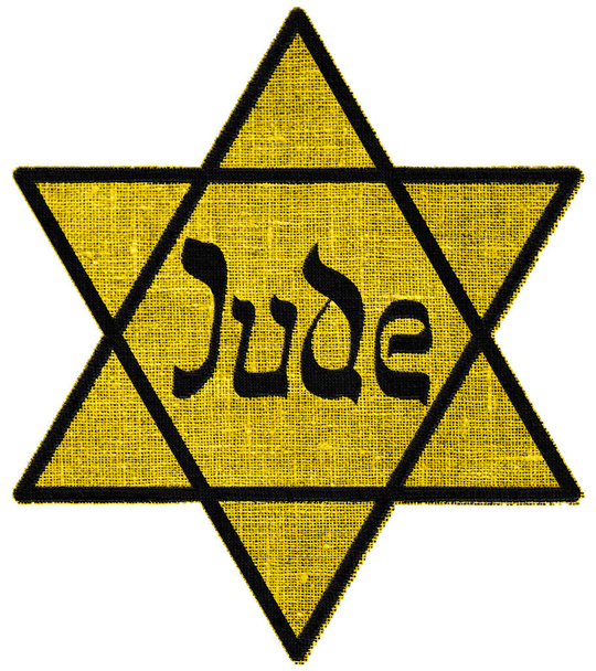 Žlutý odznak holocaustu "Jude". Davidova žlutá hvězda v černém obrysu s německým slovem pro "Žida", napsaným hebrejsky na hřbetě. 2D ilustrace antisemitského prvku z dokonalého pohledu shora. - Fotografie, Obrázek