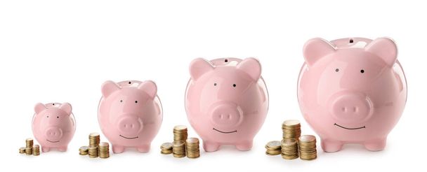 Cute piggy banks of different sizes on white background - Photo, Image