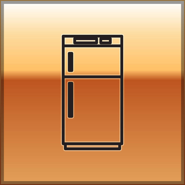 Schwarze Linie Kühlschrank Symbol isoliert auf goldenem Hintergrund. Kühlschrank mit Gefrierfach Kühlschrank. Haushaltstechnologie und Haushaltsgeräte. Vektorillustration. - Vektor, Bild