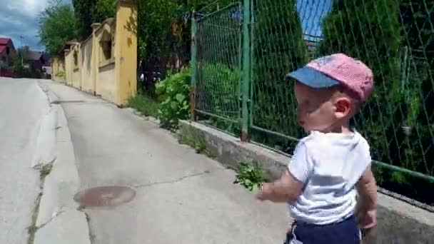Χαριτωμένο δίχρονο αγόρι με καπέλο που περπατάει στην άκρη του δρόμου, κοντά - Πλάνα, βίντεο