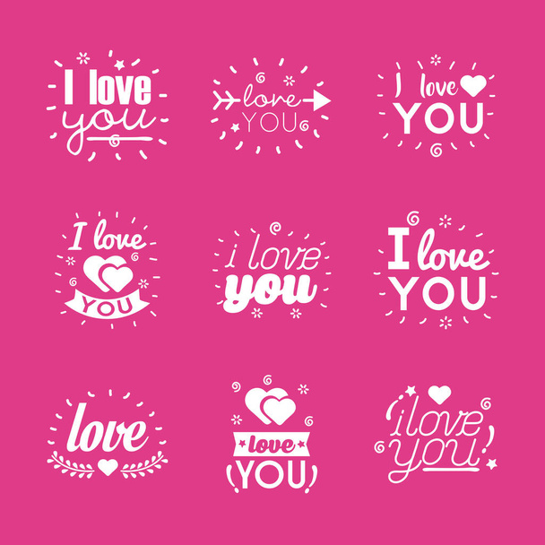 I love you texts flat style icon set vector design - Vector, Image