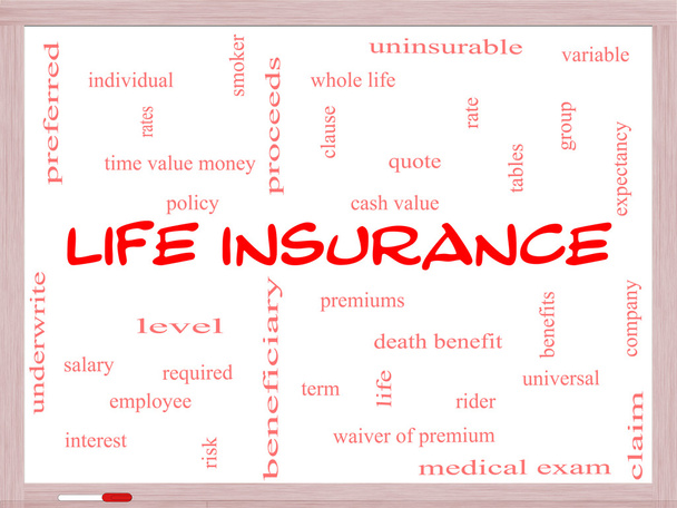 ホワイト ボードに生命保険単語雲の概念 - 写真・画像
