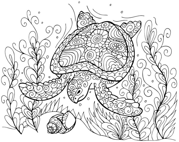 Stylized underwater turtle, seaweed and seashell isolated on white background. Perfect for adult antistress coloring page, T shirt print, zentangle design element, invitation. - Vector, Image