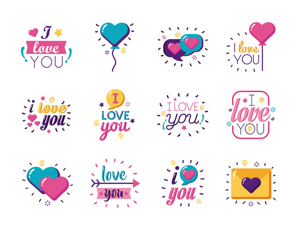 I love you texts flat style icon set vector design - Vector, imagen