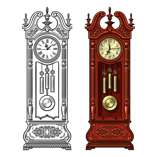 Antique grandfather pendulum clock. Hand drawn black and white and colored vector illustration. - Vector, Image