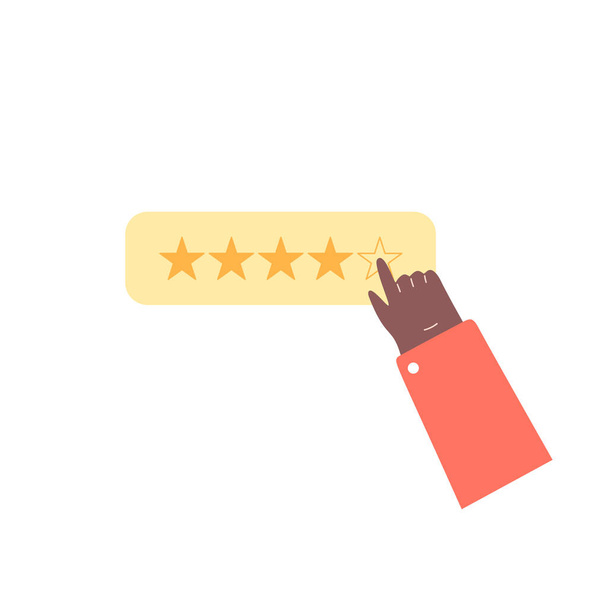Dunkle Hautfarbe Hand drückt oder zeigt auf goldenen Stern-Knopf. Fünf Punkte, positive Bewertung der Kundenbewertung. Flache Vektorabbildung. - Vektor, Bild