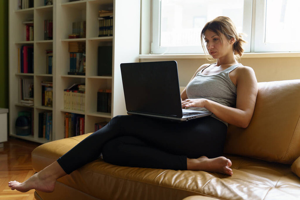 Young adult caucasian woman working on the laptop computer from home sitting on the sofa bed in day taping online female freelancer or shopping online efficiency and expertise making money concept - 写真・画像