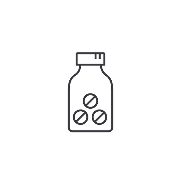 Píldoras icono de la línea del frasco, Vector signo aislado para el diseño web aislado en blanco
. - Vector, imagen