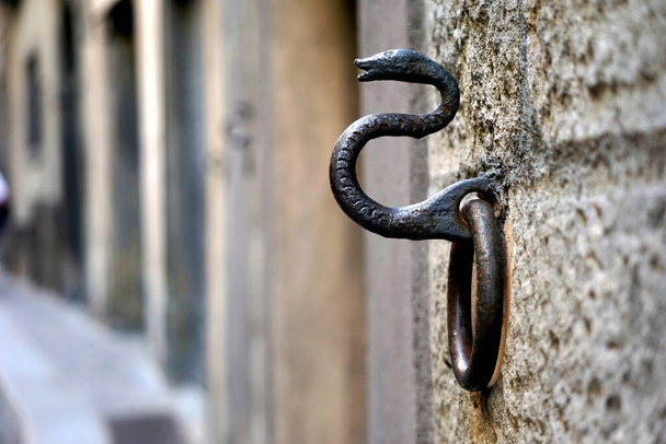 Oude roestige slangenbeeldhouwring voor paarden in Bergamo, Italië. - Foto, afbeelding