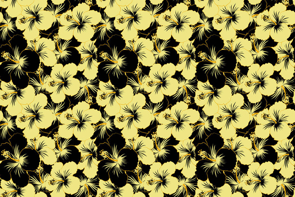 Nahtloser floraler Hintergrund. Nahtloses Muster stilisierter floraler Motive, Blumen, Löcher, Flecken, Kritzeleien. Hibiskusblüten in schwarz und gelb. Handgezeichnet. - Foto, Bild