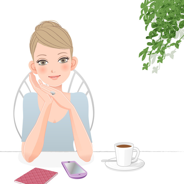 Симпатична жінка розслабляється в кафе зі смартфоном
 - Вектор, зображення