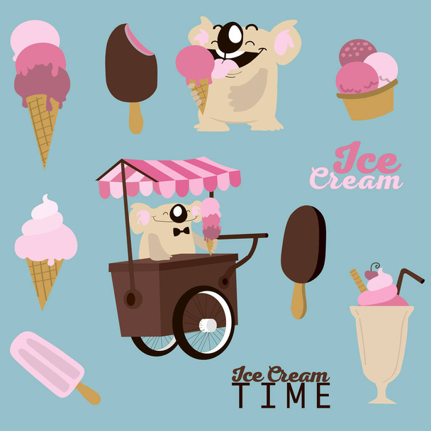 Колекція мультяшного морозива з милою мультяшною коалою як продавець на підставці для морозива та написання
 - Вектор, зображення