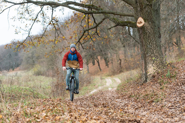 男は自然界の高速道路で秋に自転車に乗る - 写真・画像