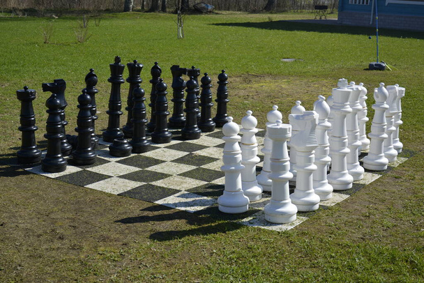 Szachy uliczne na trawniku. Duża szachownica z wysokimi pionkami stojącymi na swoich miejscach - Zdjęcie, obraz