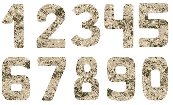 Isolated Font set of numbers 0-9 from zero to nine made of crumpled silver foil on white background - Zdjęcie, obraz