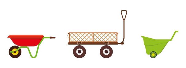 Set of three garden carts. Wagon for supplies, vegetables, gardening equipment, flowers. Manual cargo carrier. - Vector, Image