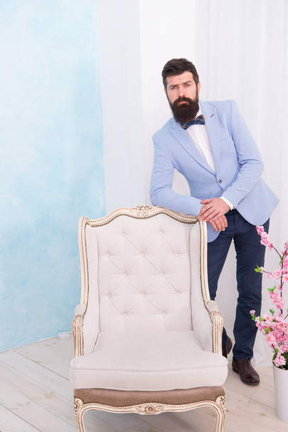 groomed bearded man on special event. its wedding day. stylish art director. real esthete in all details. gentleman wear bow tie. brutal tuxedo man lean on chair. formal and business fashion - Fotoğraf, Görsel
