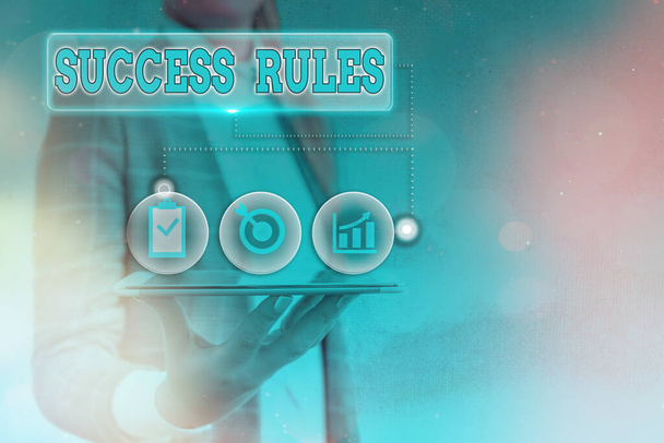 Text sign showing Success Rules. Conceptual photo established ways of setting goals making it easier to achieve. - Photo, Image