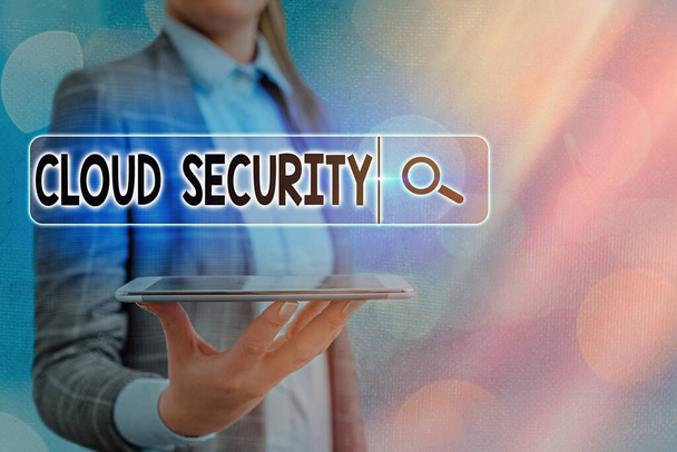 Signe texte montrant Cloud Security. Photo conceptuelle Imposer un système sécurisé de données existantes sur Internet
. - Photo, image