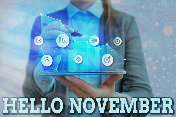 Kirjoitan lapun, jossa näkyy Hello November. Business valokuva esittelee tervehdys käytetään, kun toivottaa yhdestoista kuukauden aikana. - Valokuva, kuva